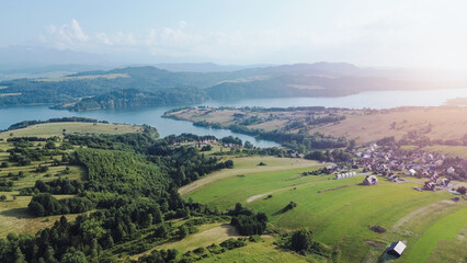 Lake Czorsztyn and Pieniny Mountains in summer from above