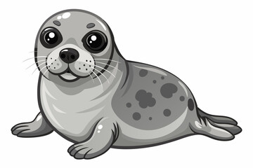  Cute seal lying Phoca vitulina isolated on a white background 