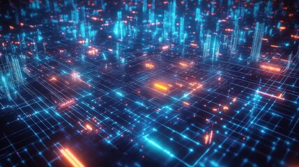 Futuristic cityscape, neon lights, reflective wet streets, cyberpunk atmosphere, urban night scene, glowing skyscrapers, pink and blue color palette, dystopian metropolis, puddles reflecting neon, hig