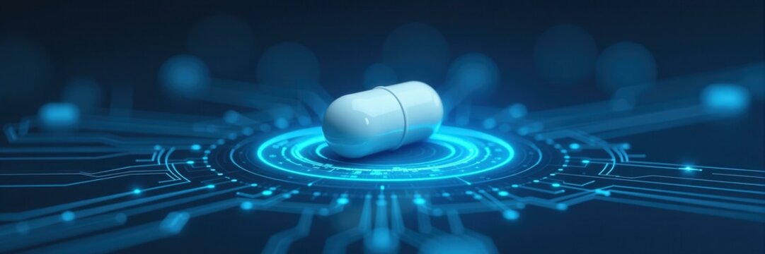 White capsule pill on glowing blue circuit board with futuristic tech style, medical technology conceptualization
