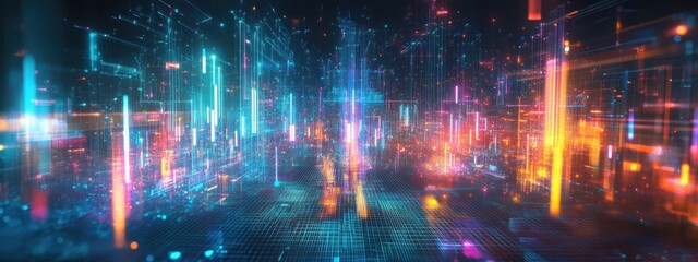 Fototapeta premium Futuristic cityscape, neon lights, reflective wet streets, cyberpunk atmosphere, urban night scene, glowing skyscrapers, pink and blue color palette, dystopian metropolis, puddles reflecting neon, hig