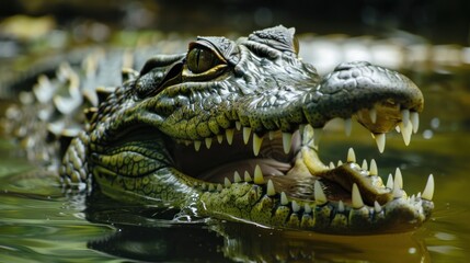Obraz premium Crocodile Gavialis gangeticus, snout mouth open in the water, AI generated image