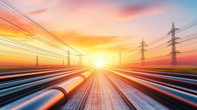 A vibrant sunset illuminates parallel railway tracks and power lines, creating a dynamic and serene landscape.