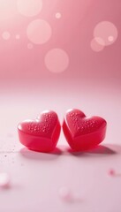 Obraz premium Two red frosted heart shaped candies on pink surface with bokeh lights, Valentine's day concept
