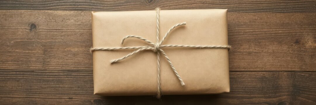 Rustic brown paper parcel securely tied with twine, simple knot, package,rope