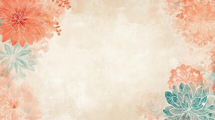 Vintage floral background with muted peach and teal flowers on aged paper.