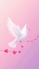 Fototapeta premium White dove bird flying carrying a heart string on pink sky background celebrating romantic love for Valentines Day or wedding invitations