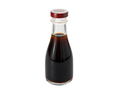 Soy sauce isolated on a white transparent background, emphasizing its deep color and umami-rich flavor. Ideal for digital ads, recipe blogs, and promoting Asian cooking ingredients online
