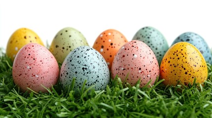 Colorful speckled Easter eggs nestled in vibrant green grass against a white background.