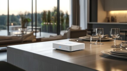 Smart Home Hub: A modern and minimalist interior showcases a smart home hub elegantly placed on a dining table, hinting at seamless connectivity.
