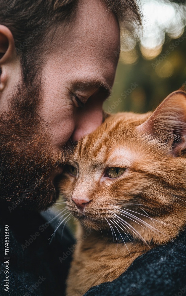 Wall mural A man with a short beard, gently kissing his ginger cat on the forehead. This appears to be a stock photo, with a raw, unedited photographic style.