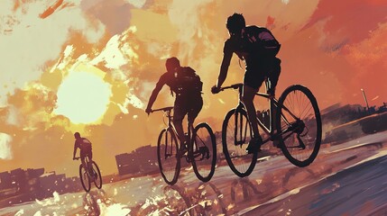 Obraz premium Sunset Cycling: Urban Riders Silhouette