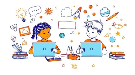 Kids online learning, teamwork, space theme background.