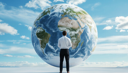 Global Market : A professional standing before a world map or globe.  Generative AI.