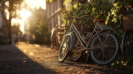 Fototapeta premium Vintage Bicycle at Sunset: A Golden Hour in the City