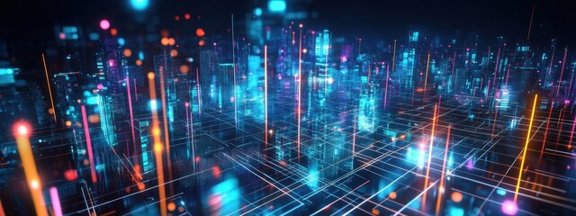 Obraz premium Futuristic cityscape, neon lights, reflective wet streets, cyberpunk atmosphere, urban night scene, glowing skyscrapers, pink and blue color palette, dystopian metropolis, puddles reflecting neon, hig
