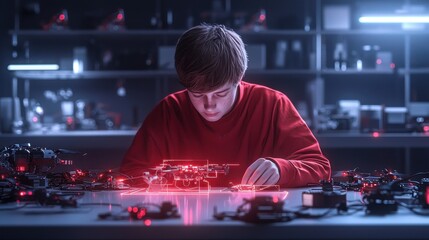Young boy working on futuristic drone with holographic interface in advanced robotics lab