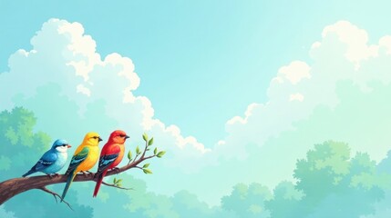 Serene Avian Trio Perched on Branch Against Soft Sky and Lush Foliage