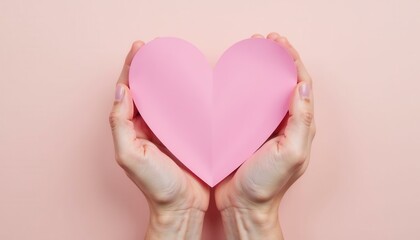 Obraz premium Pair of hands holding a pink paper heart shape, symbolizing love, romance, health, and Valentine's Day, on a pale pink background