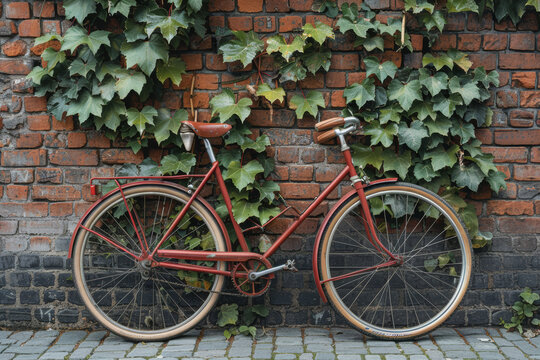 Vintage Bicycle Against a Brick Wall Covered in Ivy Leaves