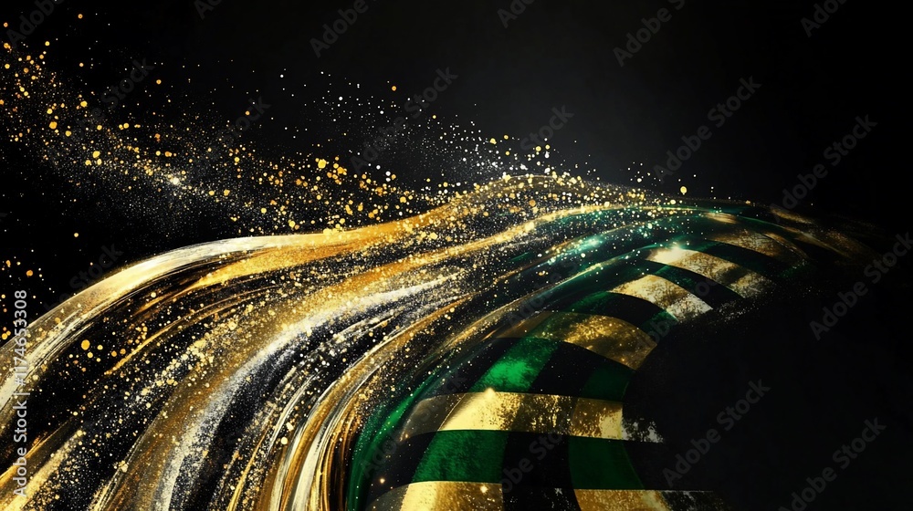 Poster Abstract checkered flag design with golden and green swirls and sparkling particles on a dark background.