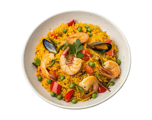 Delicious paella isolated on a clean white background, perfect for showcasing the vibrant colors and rich textures of this traditional Spanish dish with a transparent cutout effect