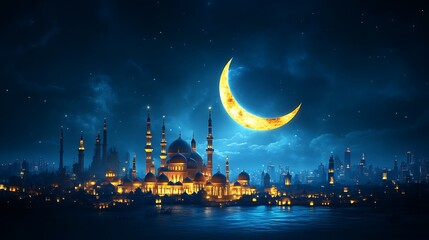 Naklejka premium Illuminated Mosque Cityscape Under Crescent Moon Night