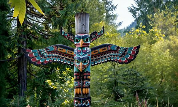 A colorful totem pole featuring intricate animal designs, symbolizing cultural heritage and storytelling.