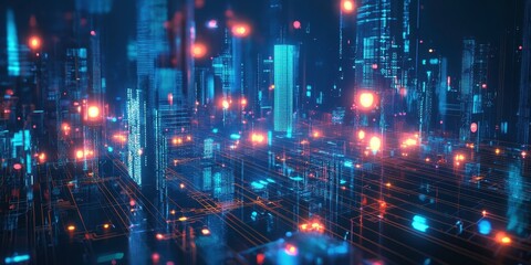 Fototapeta premium Futuristic cityscape, neon lights, reflective wet streets, cyberpunk atmosphere, urban night scene, glowing skyscrapers, pink and blue color palette, dystopian metropolis, puddles reflecting neon, hig