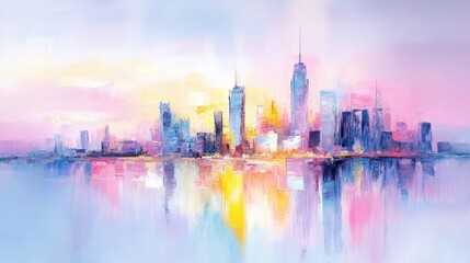 Fototapeta premium Cityscape Panorama in Abstract Oil Painting with Brush Strokes and Canvas Texture