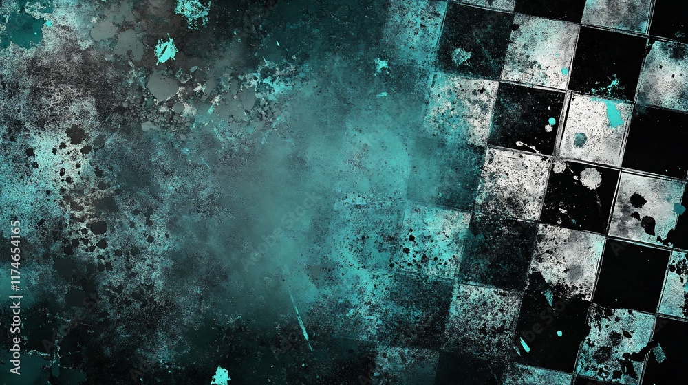 Poster grunge checkered flag background with teal splatter.