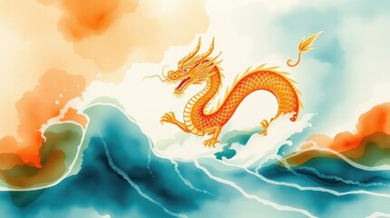 Golden dragon soaring over ocean waves, Asian art, mythical creature.