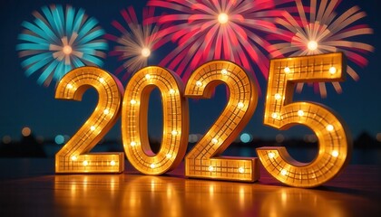 Illuminated golden 2025 numbers with vibrant fireworks exploding in the night sky behind, representing the New Year celebration, festive atmosphere, and a moment of joy.