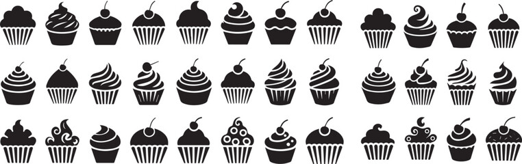 Vector illustration of a set of black silhouettes of various cupcake shapes Bundle