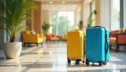 Fototapeta premium Yellow and blue suitcases ready for traveling, airport terminal hall background and relaxed atmosphere, bright sunlight shining in the interior.