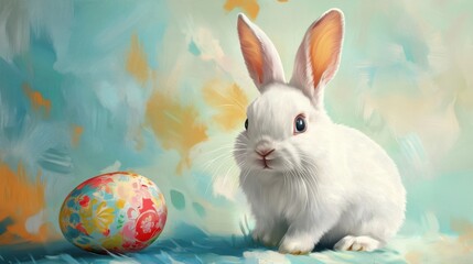 Happy White Rabbit Painting Easter Egg Vector Illustration