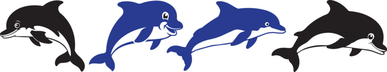 A vector style illustration of  cute cartoon dolphin fish silhouette Bundle