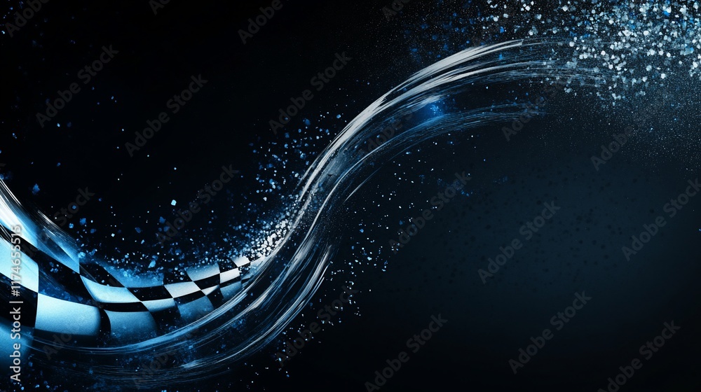 Poster Abstract checkered flag design with flowing, dynamic lines on a dark background.