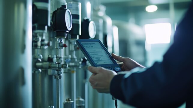 A person is using a tablet to read a gauge on a piece of equipment
