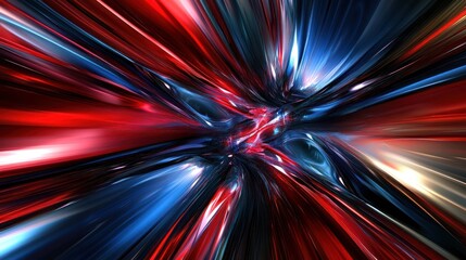 Abstract red and blue light streaks converging at center.