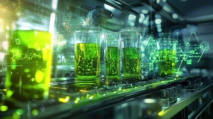 A laboratory scene with green liquids in glassware, suggesting scientific experimentation.
