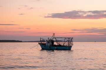 A small fishing boat rests calmly on tranquil sea waters under a breathtaking sunset sky painted with soft pink and orange hues. The scene is peaceful and serene.