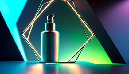 a bottle of liquid on a table with a neon background