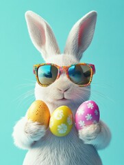 An easter bunny rabbit wearing sunnies, shades, sunglasses holding colourful easter eggs against a turquoise isolated background with room for text.