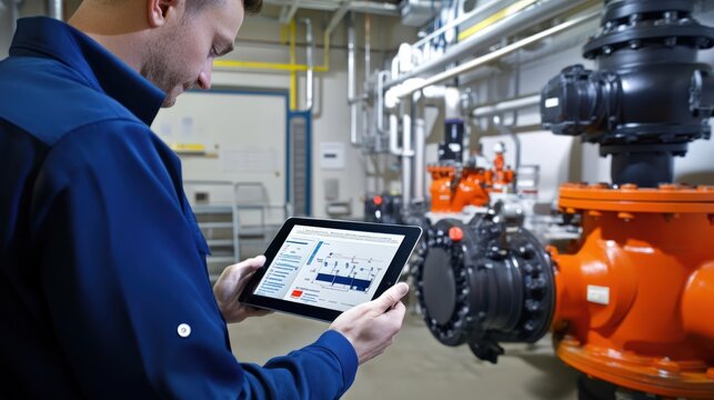 A man is looking at a tablet while standing next to a large orange pipe