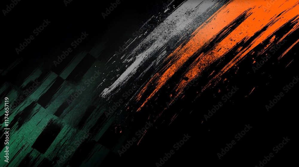 Poster Abstract design with diagonal brush strokes in orange, white, and green colors over a dark background.  Checkered flag pattern.