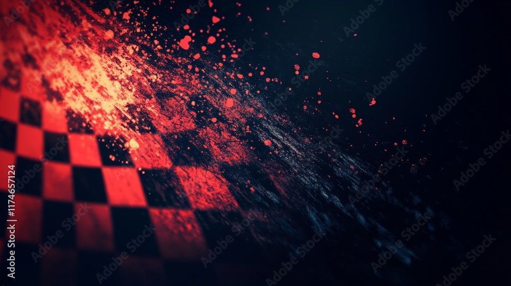 Poster Abstract checkered flag with vibrant red and black squares, splattered with color, creating a dynamic racing or competition theme.