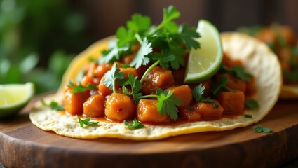 Delicious plant-based taco being topped with freshly chopped cilantro and lime wedges, Professional stock photo, AI generated photograph