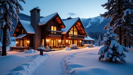 Scenic view of charming ski lodge where family gathered post-ski for warmth, Professional stock photo, AI generated photograph