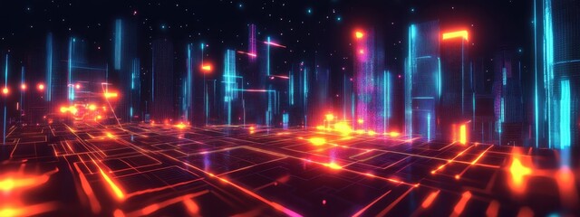 Fototapeta premium Futuristic cityscape, neon lights, reflective wet streets, cyberpunk atmosphere, urban night scene, glowing skyscrapers, pink and blue color palette, dystopian metropolis, puddles reflecting neon, hig